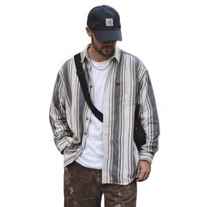 Carhartt Striped Button Down Shirt Relaxed Fit Workwear Brown Cream XL